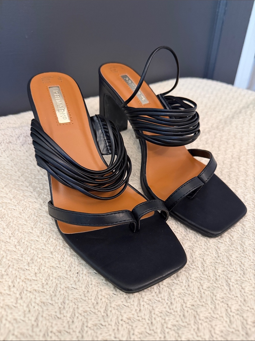 Black slip on Square Toe Heeled Sandals